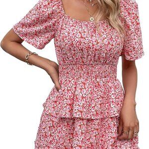 PRETTYGARDEN Women's Floral Summer Short Dress Square Neck Short Sleeve Tiered